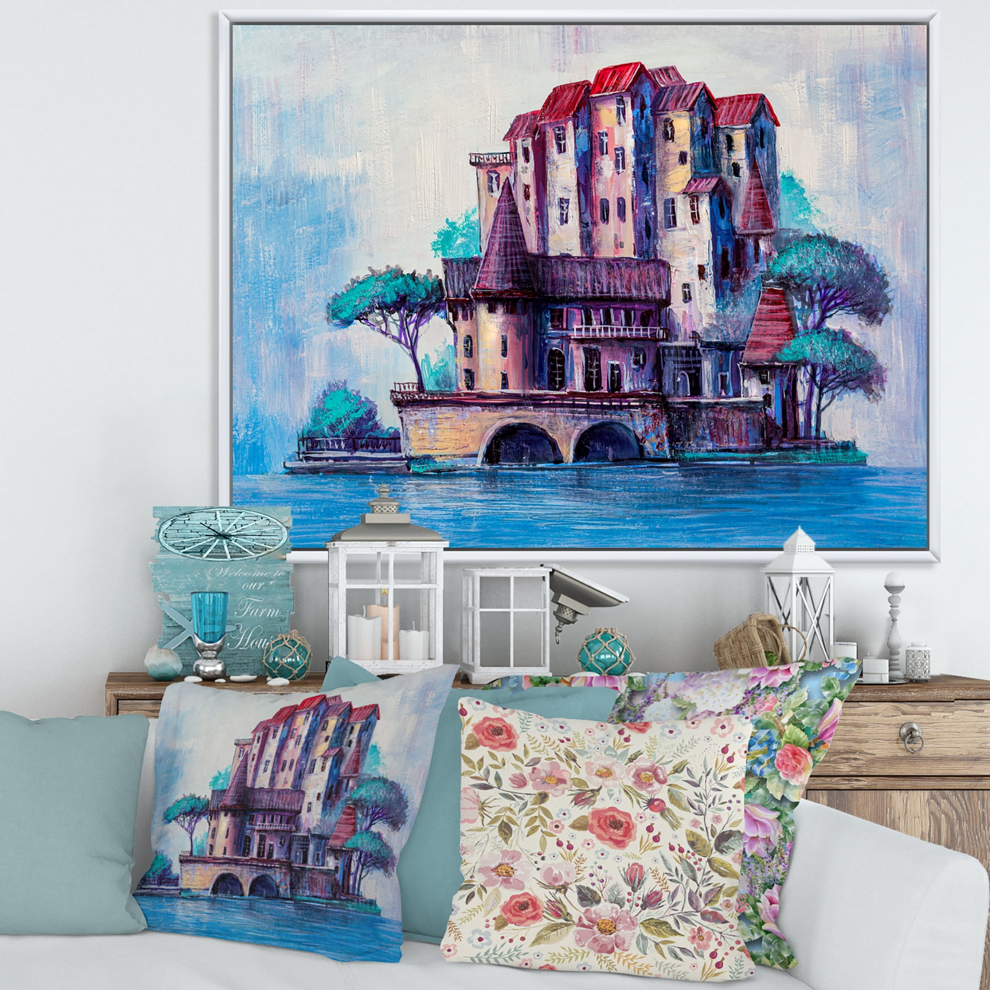 Designart 'Ancient City Skypscrapers By The Bridge' Traditional Framed Canvas Wall Art Print