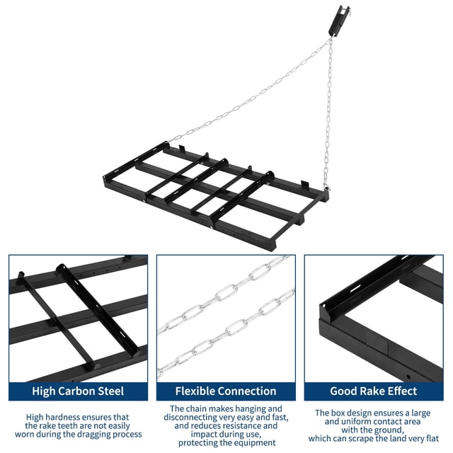 EDTara Tow Behind Drag Harrow, 4ft Landscape Rake With Adjustable Bars and 72 Inch Chain, Heavy Duty Driveway Grader for Use With Atv, Utv, Garden Tractor or Mower, Perfect for Soil and Gravel
