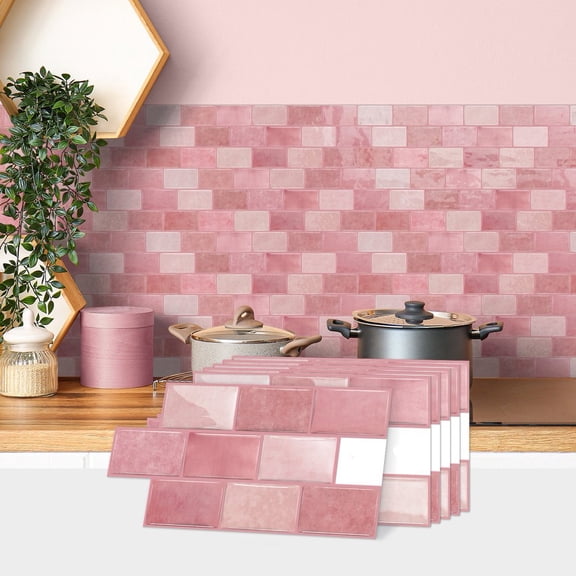 6 Pcs Pink Marbling 3D Tiles Stickers 6 x 12inch DIY Decor Wall Decals Self Adhesive Waterproof Peel and Stick Kitchen Backsplash