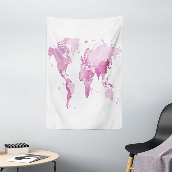 Light Pink Tapestry, Cute World Map Continents Island Land Pacific Atlas Europe America Africa, Wall Hanging for Bedroom Living Room Dorm Decor, 40W X 60L Inches, White Light Pink, by Ambesonne
