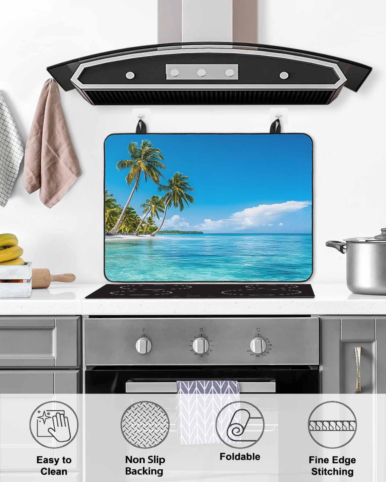 nqOlkjepod Large Induction Cooktop Protector Mat 24"x21", Ocean Sea Stove Top Covers for Electric Stove, Summer Palm Trees Blue Sky Beach Tropical Stove Burner Cover Mats, Glass Top Stove Cover