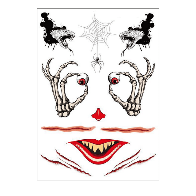 Tatuajes de cara, cuello, manos y brazos de Halloween para adultos, tatuaje facial para suministros de recuerdo de fiesta de Halloween