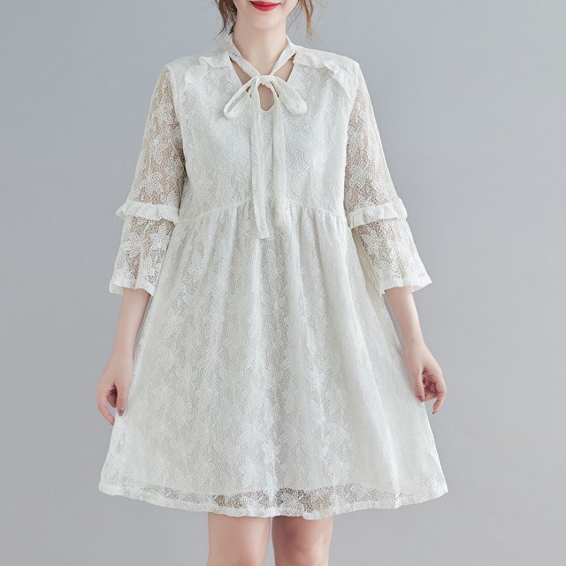 Vestido de encaje floral para mujer 3/4 mangas acampanadas con cuello en V volantes A-line Plus S Romacci Vestido de mujer