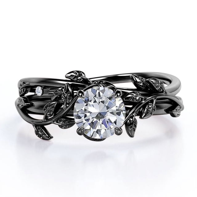 JeenMata Juego de Anillos de Boda de Diamantes Reales Redondos de Medio Quilate Juego de Anillos de Boda con Diamantes en Forma de Hoja y Enredadera: Oro Negro de 10 K