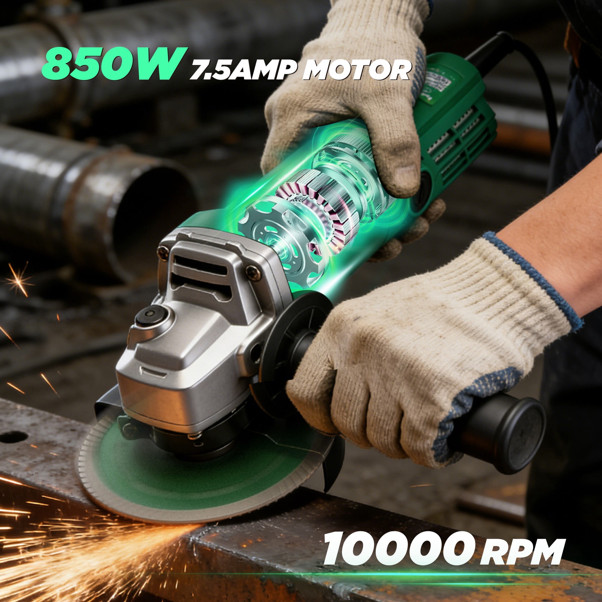 NEWBEAT 850W Angle Grinder, 4-1/2 inch Metal Cutter Grinder Tool with Wheel Guard, Side Handle, Spanner and Carbon Brush for Metal Wood, Green