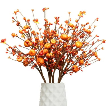 6Pcs Artificial Fall Berry Stems, 17" Orange Pumpkin Picks Floral with Berry Fall Picks for Autumn Thanksgiving Home Table Centerpiece Decorations