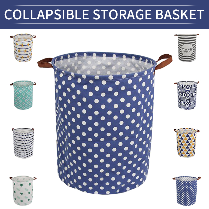 Jumbo Collapsible Canvas Laundry Hamper, Round, Navy White Dots