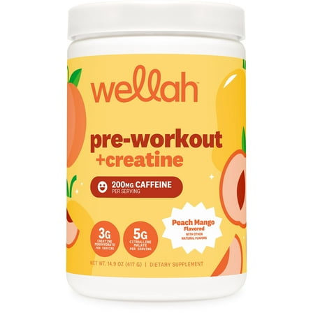 Wellah Pre-Workout   Creatine Powder (30 Servings) Peach Mango - 200mg Caffeine, 3g Creatine Monohydrate, 5g Citrulline Malate, Pre-Workout with Creatine Supplement