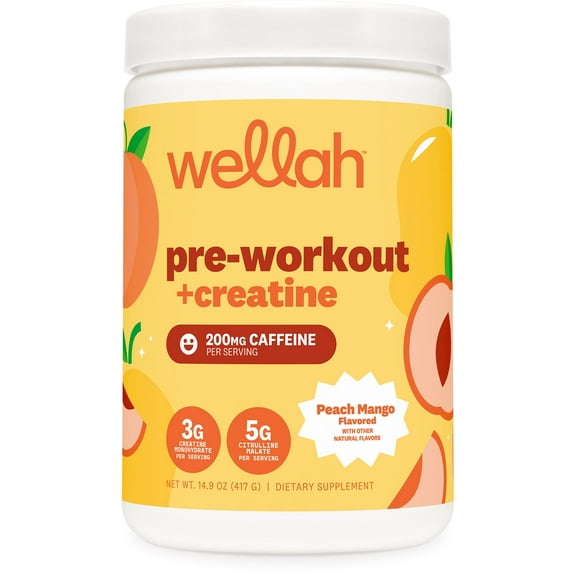 Wellah Pre-Workout   Creatine Powder (30 Servings) Peach Mango - 200mg Caffeine, 3g Creatine Monohydrate, 5g Citrulline Malate, Pre-Workout with Creatine Supplement