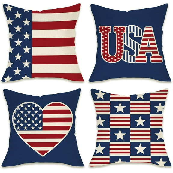 4th of July Patriotic Decorative Throw Pillow Covers 18x18 Set of 4, USA America Love Heart Independence Day Outdoor Pillowcase, American Blue Red White Stripes Stars Cushion Case Home Decor