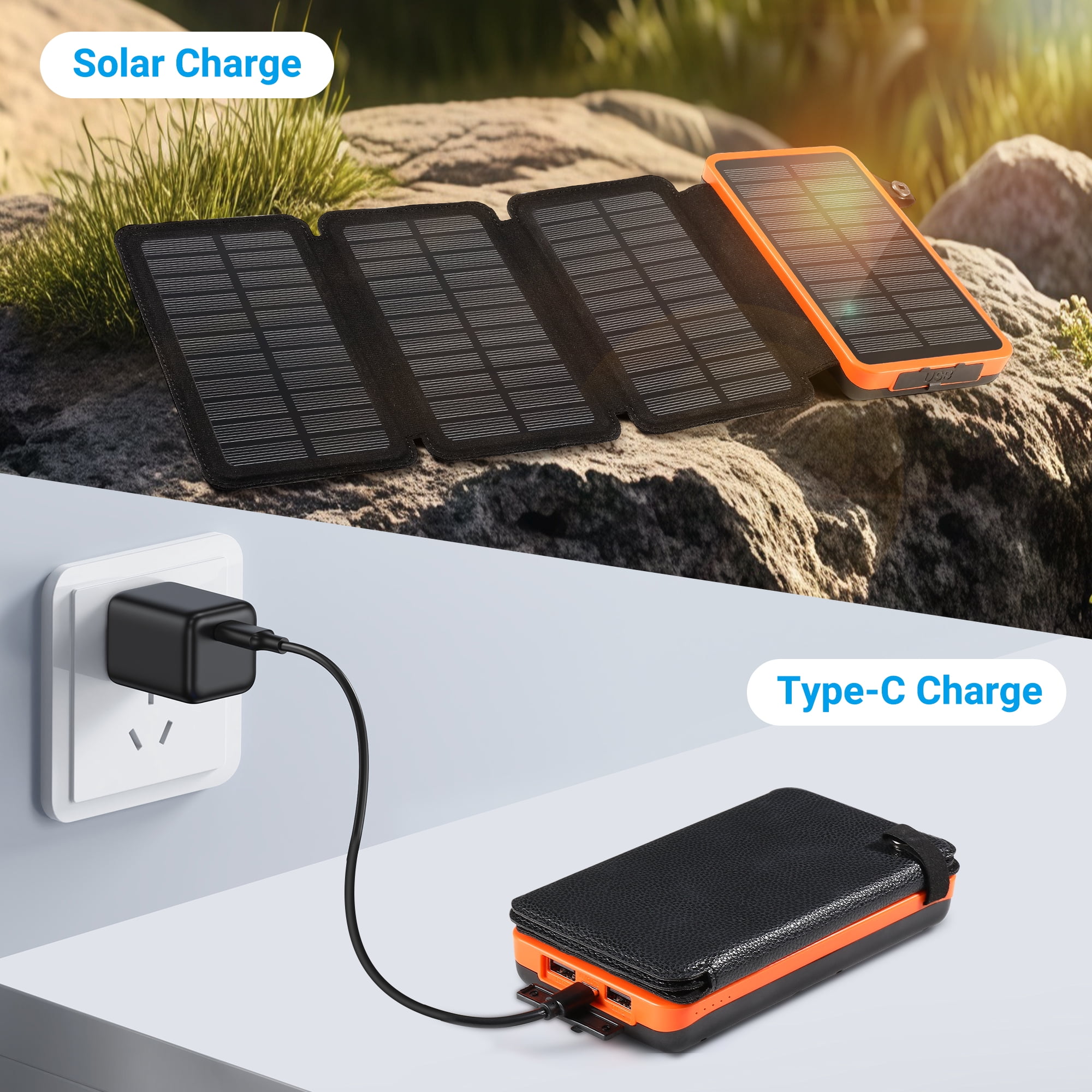 SOLPOWBEN 30000mAh Solar Power Bank with 4 Solar Panels, Portable Battery Pack, Compatible with iPhone 17 & USB-C Devices, Flashlight for Camping Travel (Orange)