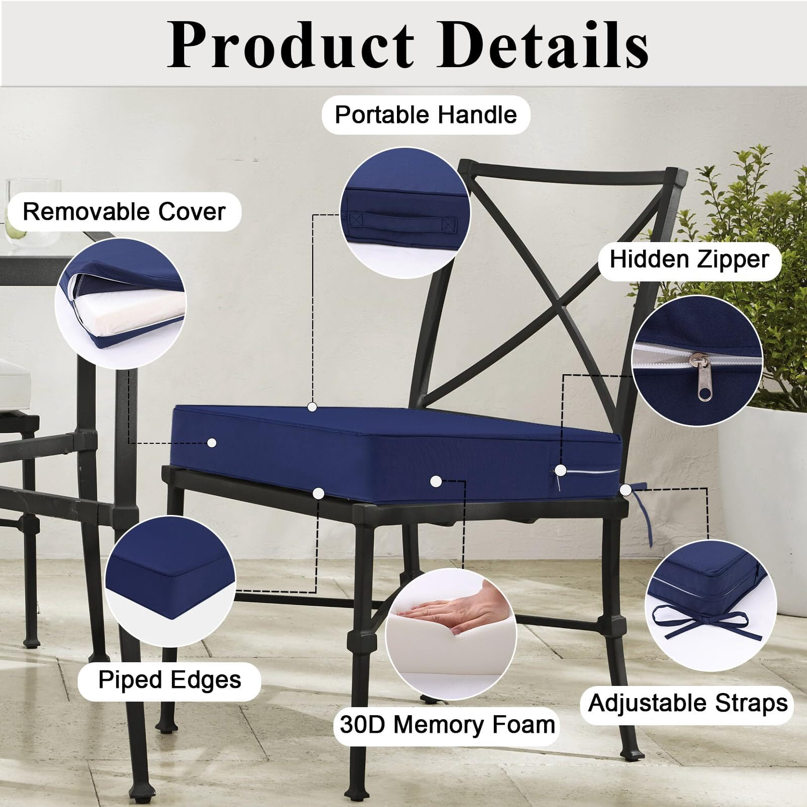 Findosom 2pcs Patio Chair Cushions 19x19 Inch Waterproof Fade Resistant Outdoor Seat Cushions for Patio Furniture Garden Sofa Couch Chair Pads with Adjustable Straps,Navy