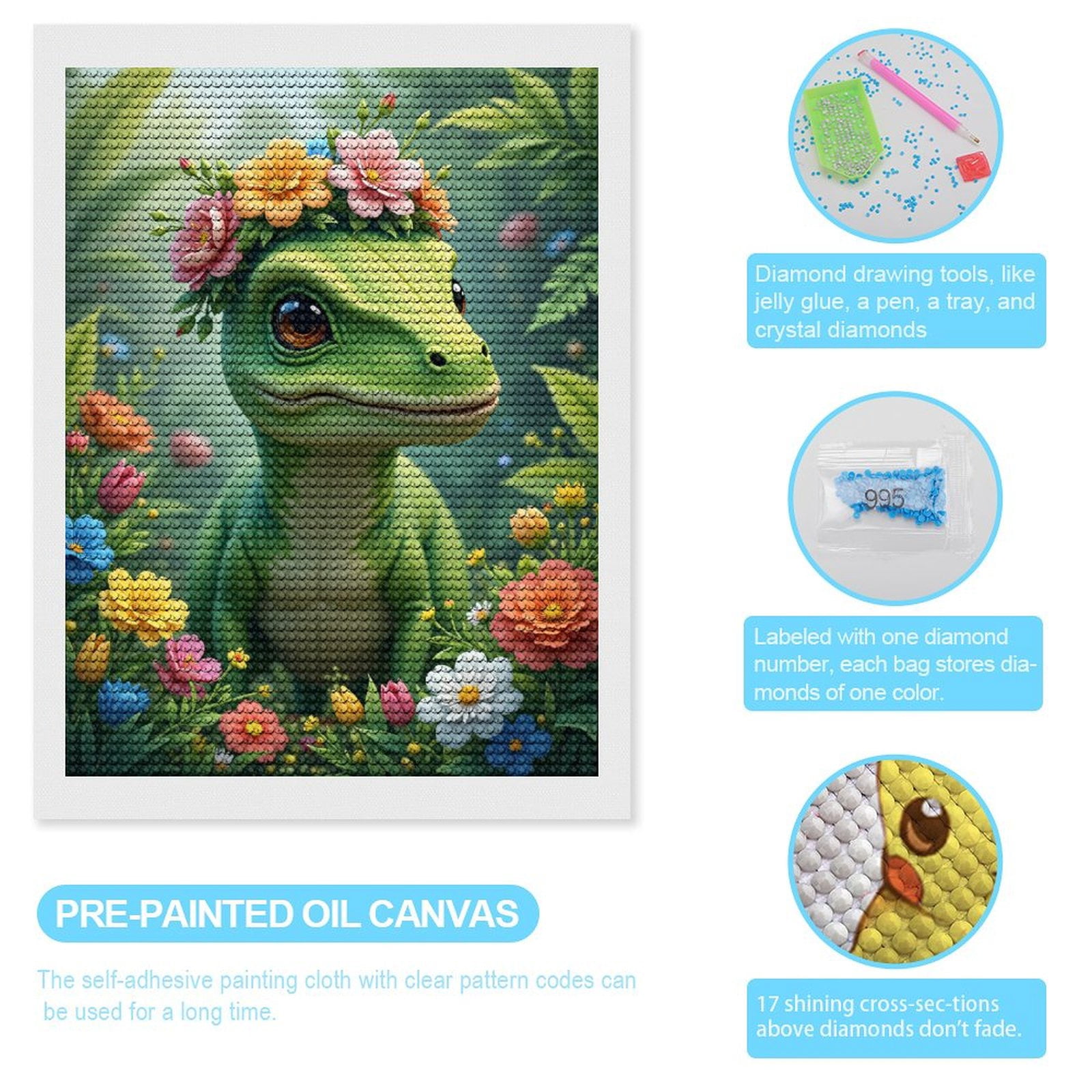 Diamond Art Kits for Adults, Young Dinosaur Flower Crown Beauty 5D Diamond Painting Kits for Adults Beginners, DIY Full Drill Diamond Painting, Gem Art and Crafts 12x16