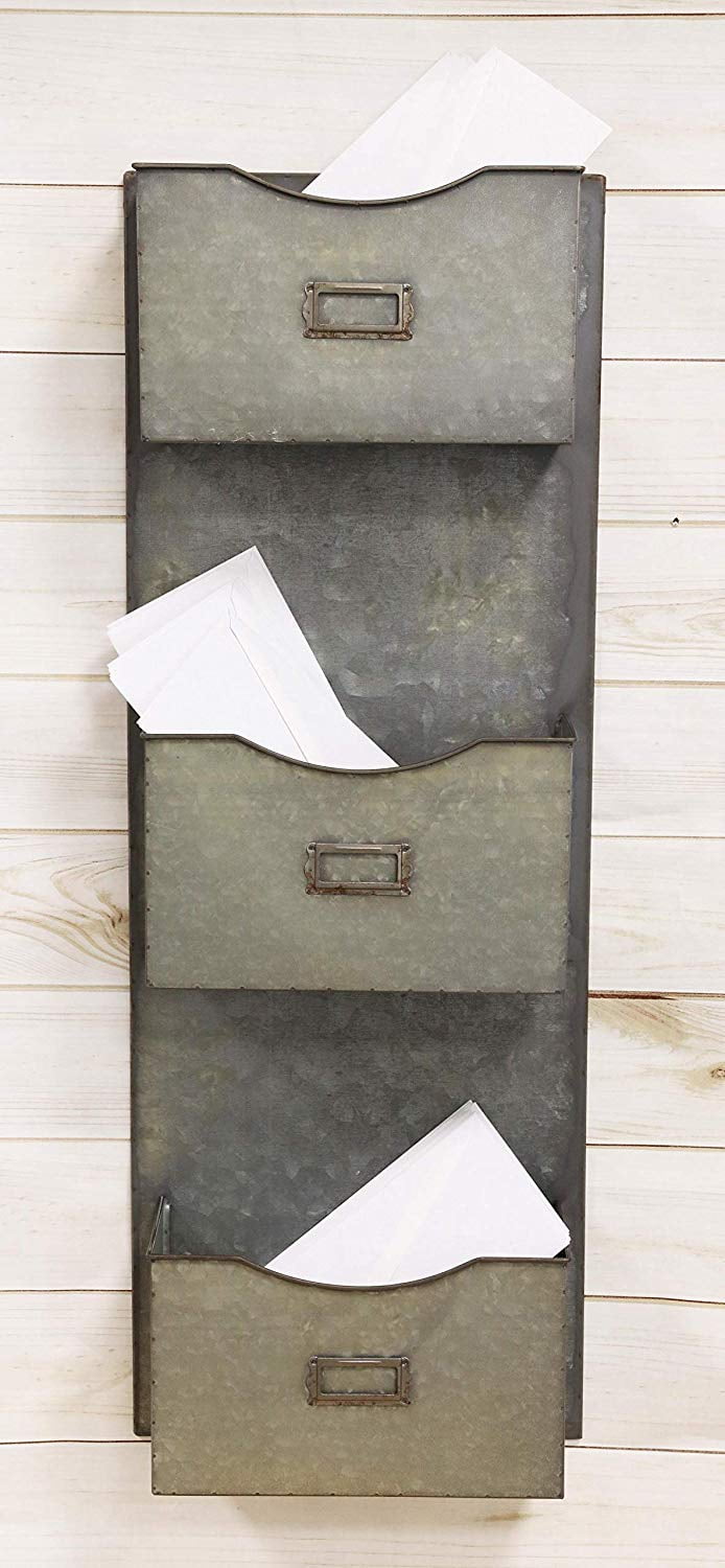 Ebros Vintage Galvanized Metal 3 Tier Pockets Letter Mail Wall Hanging