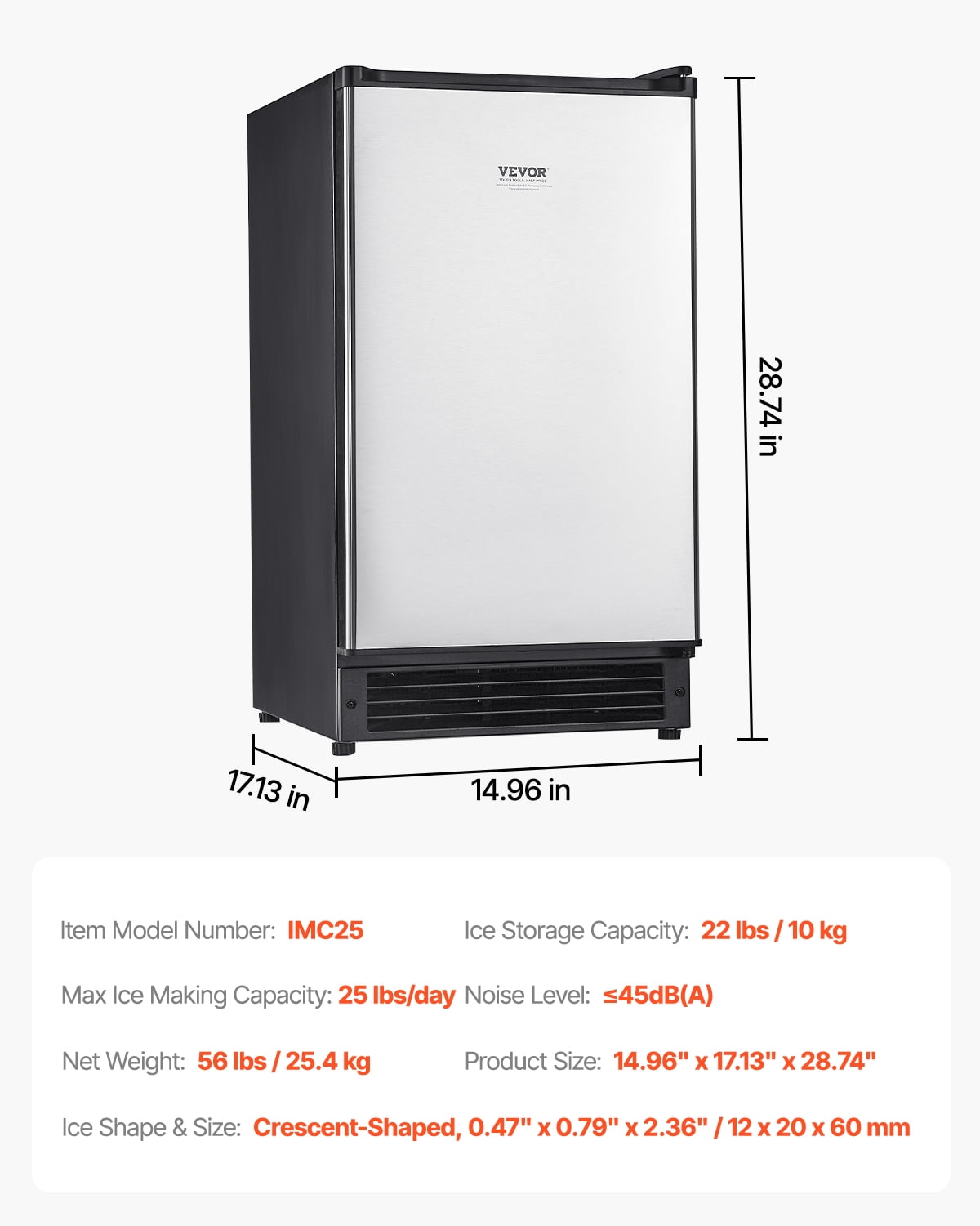 VEVOR Undercounter Built-in Ice Maker, 25 Lbs/Day Under Counter Ice Maker Machine with Reversible Door Stainless Steel, Freestanding Ice Maker for Commercial Home Kitchen, No Drain Required