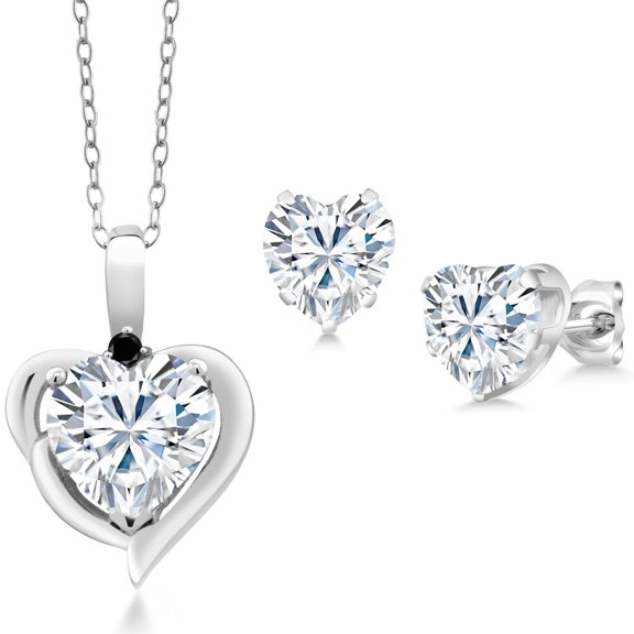 Gem Stone King 925 Sterling Silver White Moissanite and Black Diamond Pendant Necklace Earrings Set for Women (3.42 Cttw, Heart Shape 8MM and 6MM, with 18 inch Chain)