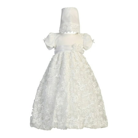 Baby Girls White Embroidered Satin Ribbon Tulle Dress Bonnet Baptism