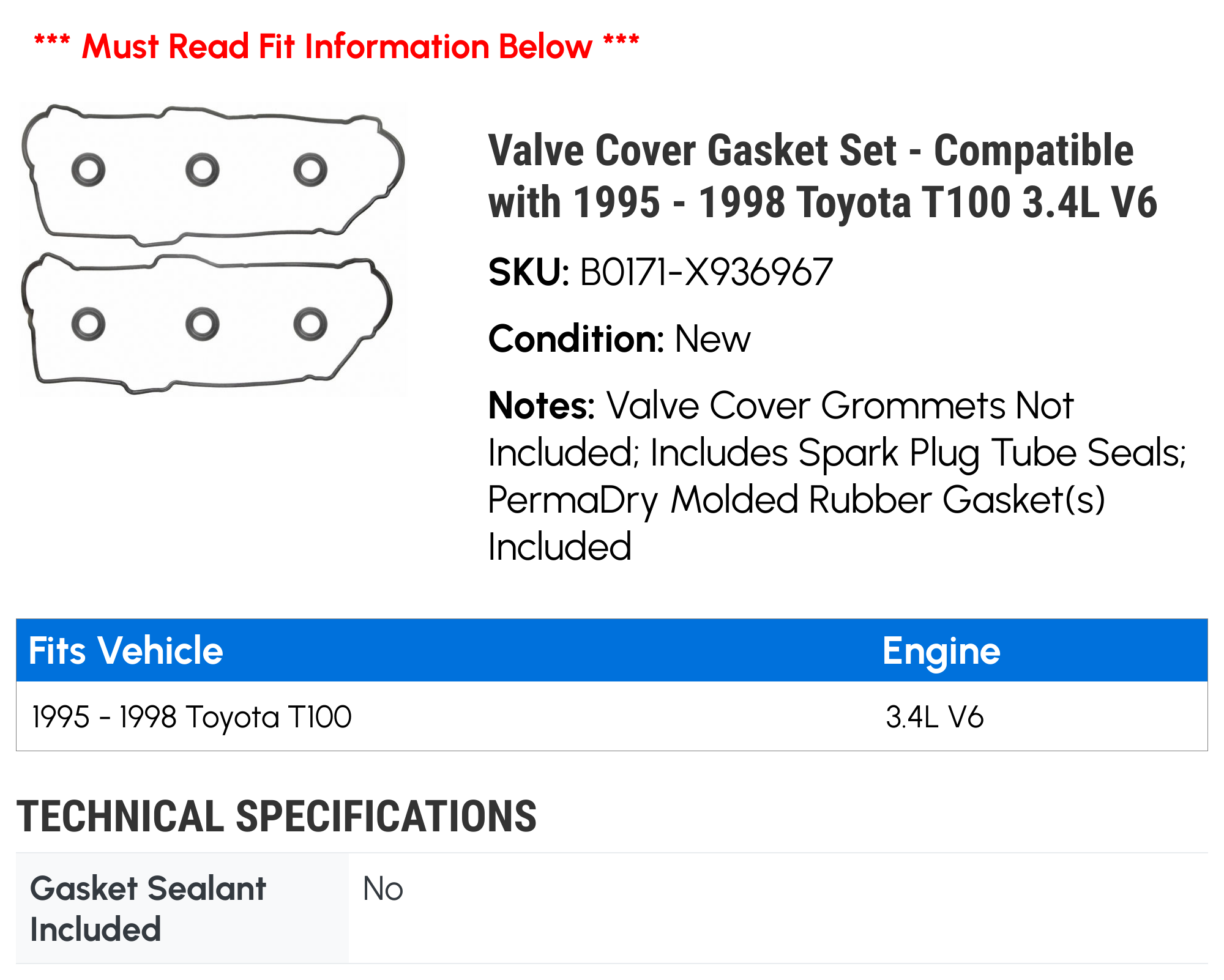 Valve Cover Gasket Set Compatible with 1995 1998 Toyota T100 3.4L V6  1996 1997