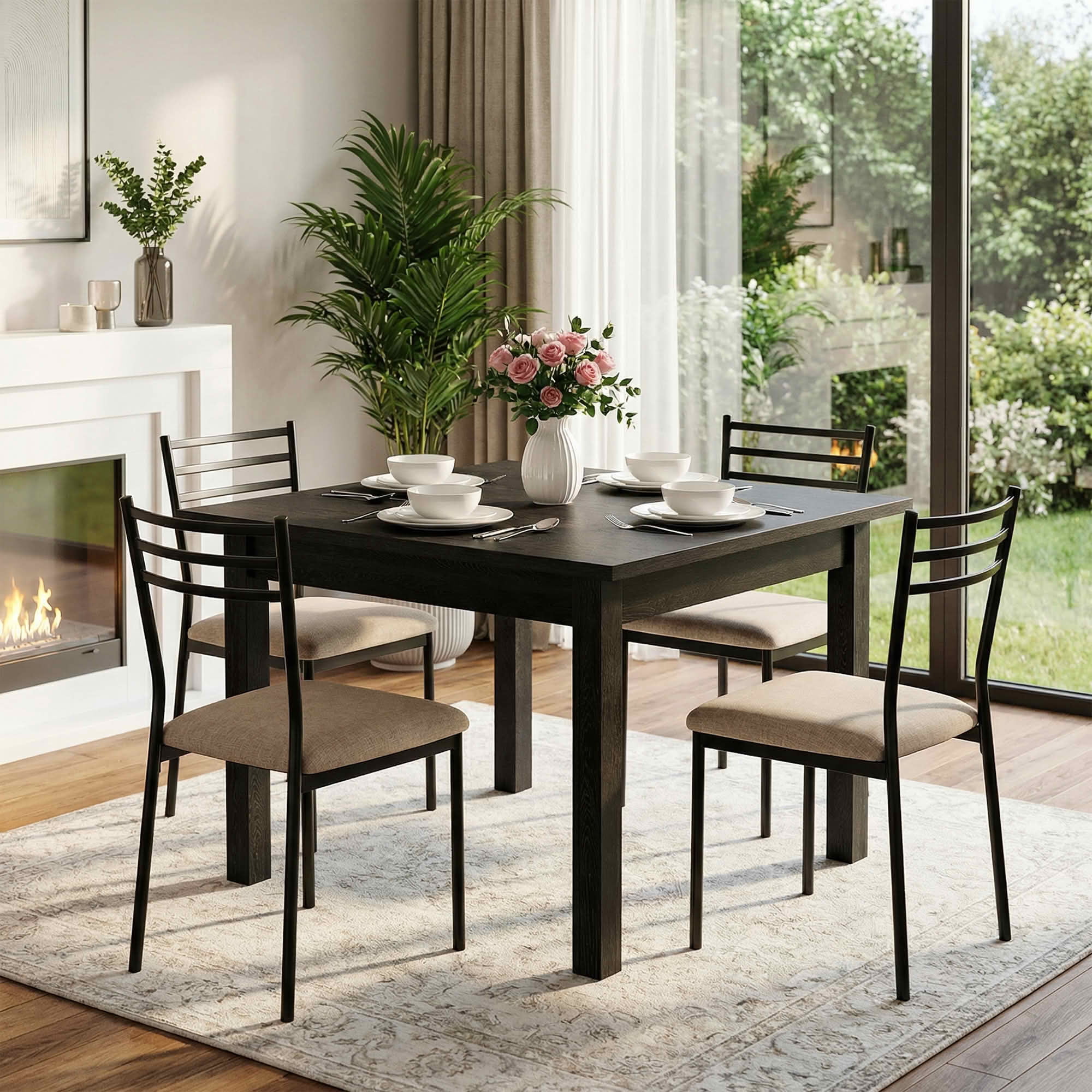 MAYEERTY 39.4" Square Rustic Brown Dining Table, Cracked Oak Top Solid Wood Legs Multiuse Table