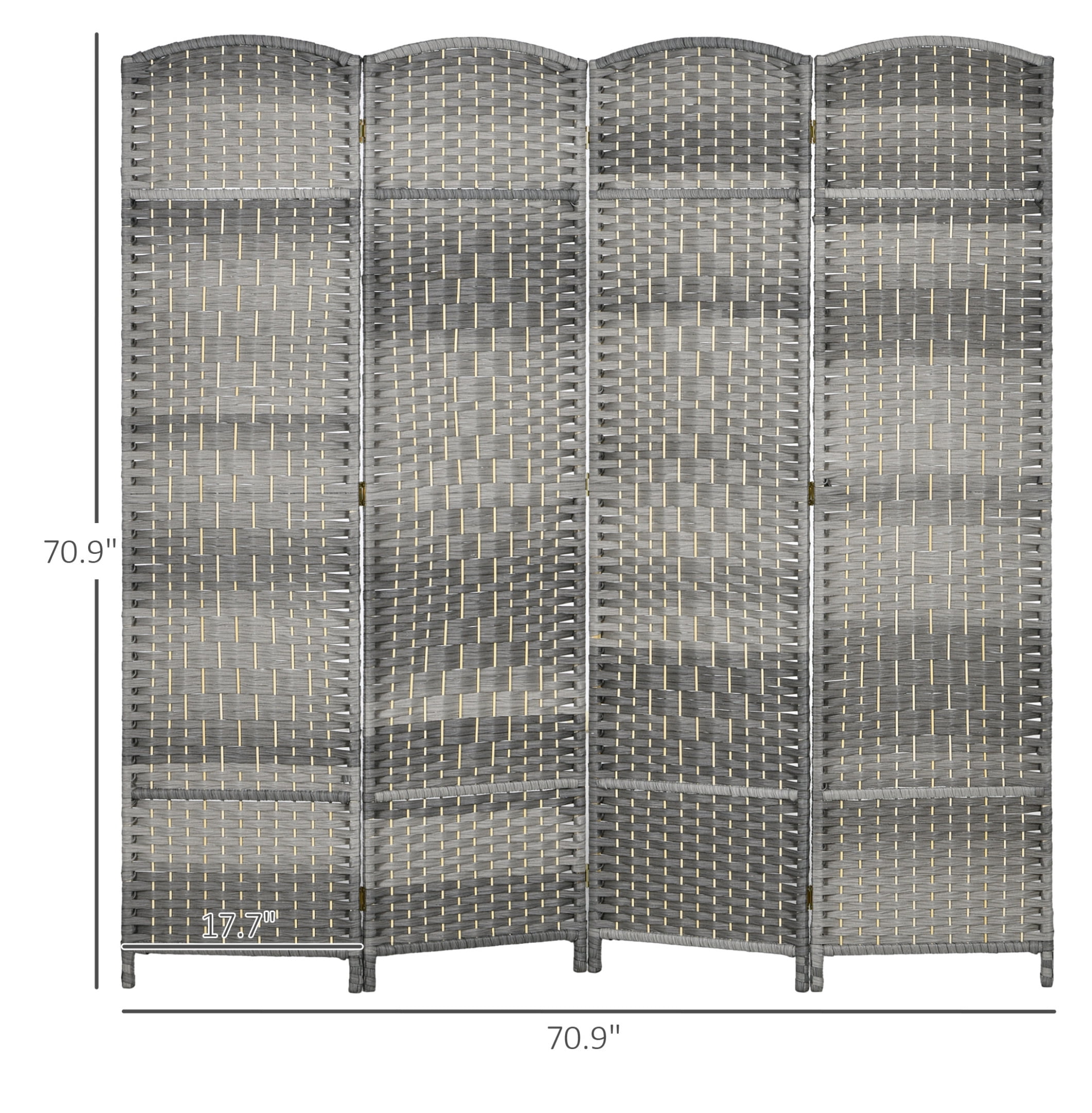 HOMCOM 4 Panel Room Divider, 6' Tall Folding Privacy Screen, Hand-Woven Freestanding Wood Partition for Home Office, Bedroom, Mixed Gray