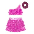 thumbnail image 2 of TiaoBug Kids Girls Sequins Dance Outfits Single Shoulder Crop Top Metallic Layered Skirt with Headwear set Hot Pink 14, 2 of 7