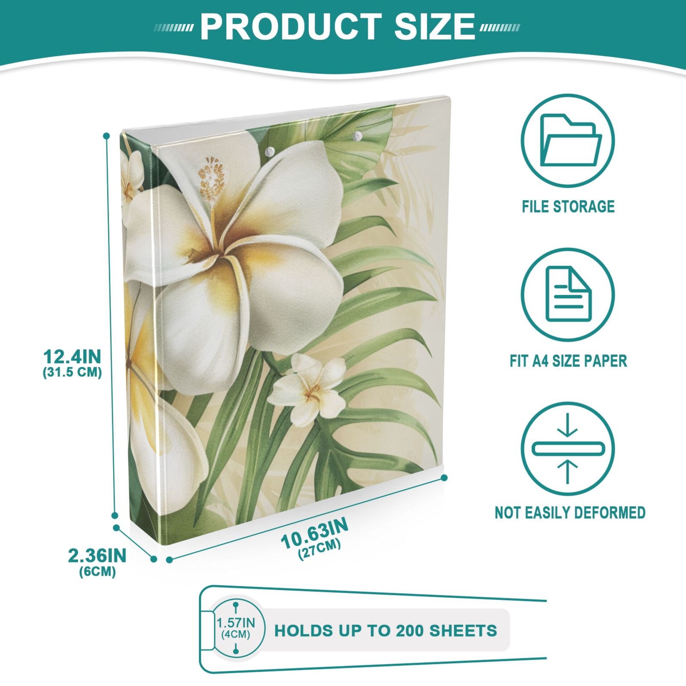White Flower 3 Ring Binders 1.5 inch Hardcover File Folders with Interior Pockets A4 Size Organizer for School Office Hospital