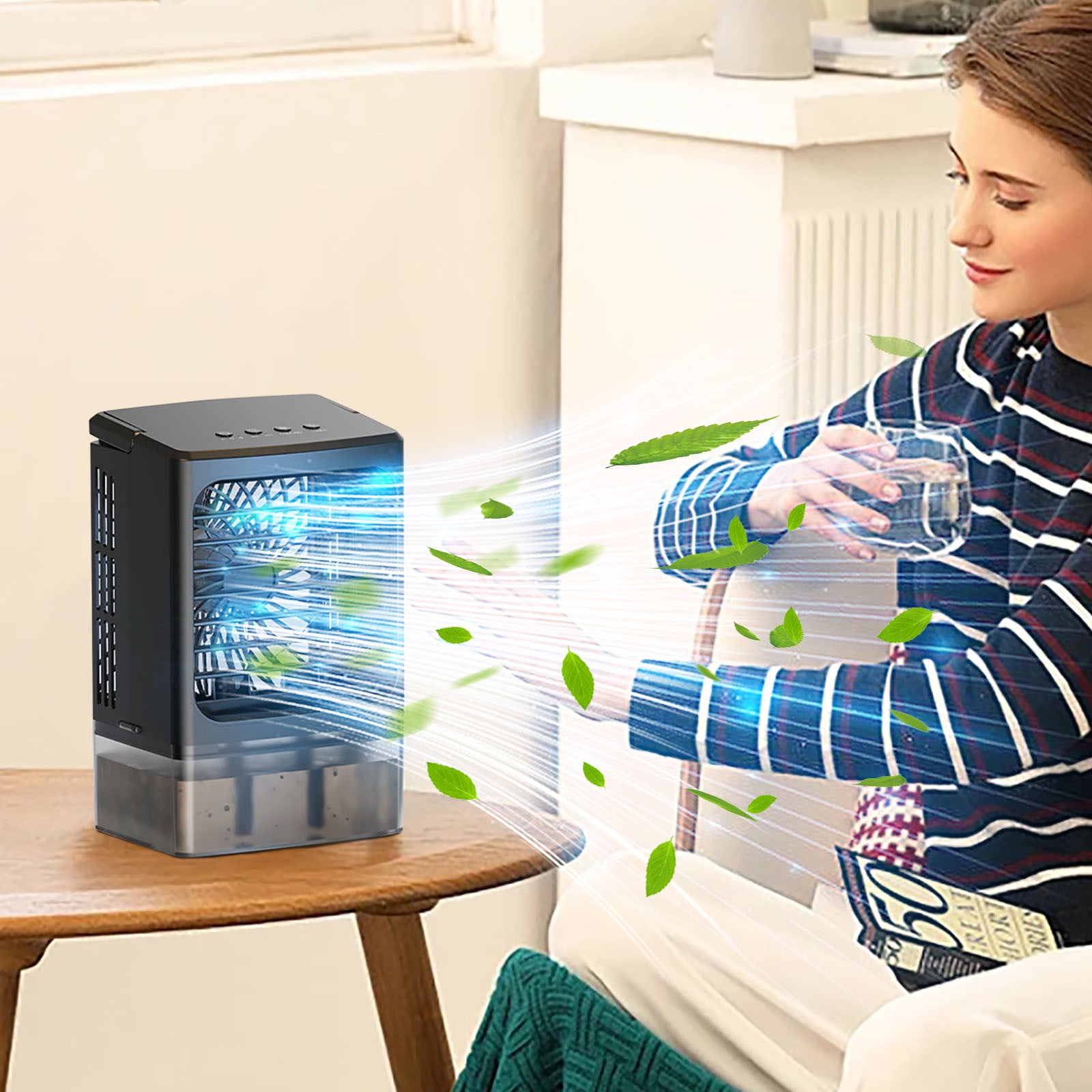 Quiet 3-In-1 Desktop Air Cooler Fan With Ice Sensing Technology - Large Blade Usb-Powered Cooling System With Adjustable 3-Speed, Water Mist Humidifier & Colorful Led Lights For Home Office Use