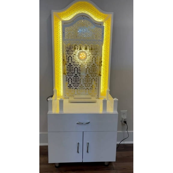 Wooden White Glossy Glitter Customized Designer Mandir / Wooden Temple With LED Lights | Mandir For Home And Office | Pooja Mandapam