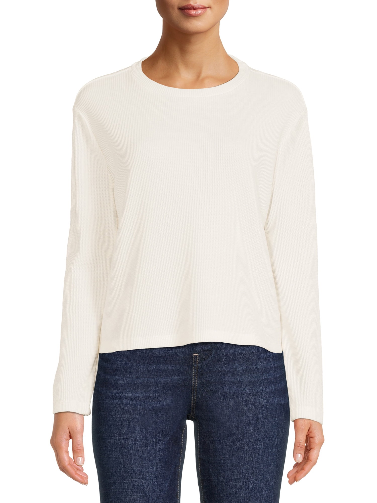 Time and Tru Women's Cropped Waffle Top with Long Sleeves - Walmart.com