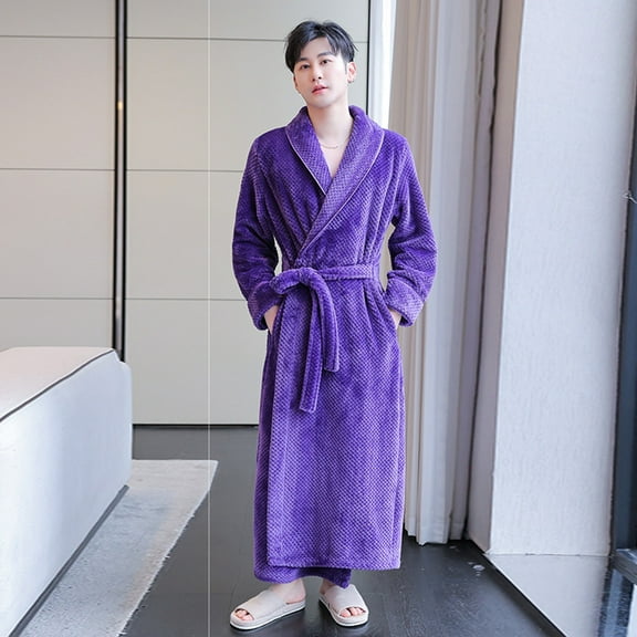 uublik Mens Robe Shawl Collar Wrap Style Mid Length Warm Fleece Bathrobe with Pockets Purple