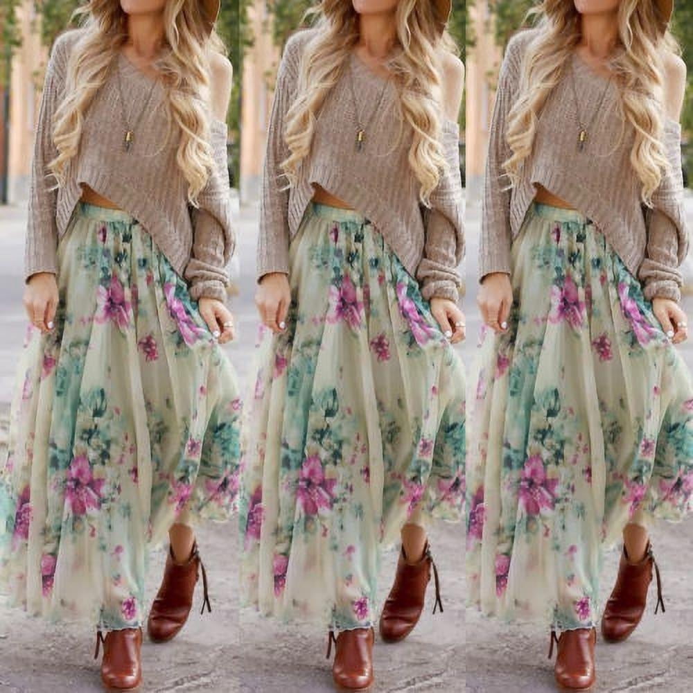 Women Chiffon Floral High Waist Maxi skirt green Flared Pleated Long Skirt casual beach skirt Walmart