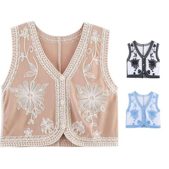 Unir Boho V-Neck Sleeveless Vest for Women, Floral Embroidered Cropped, Casual Everyday Lightweight Woven Summer Outerwear, 1 Piece, S-L
