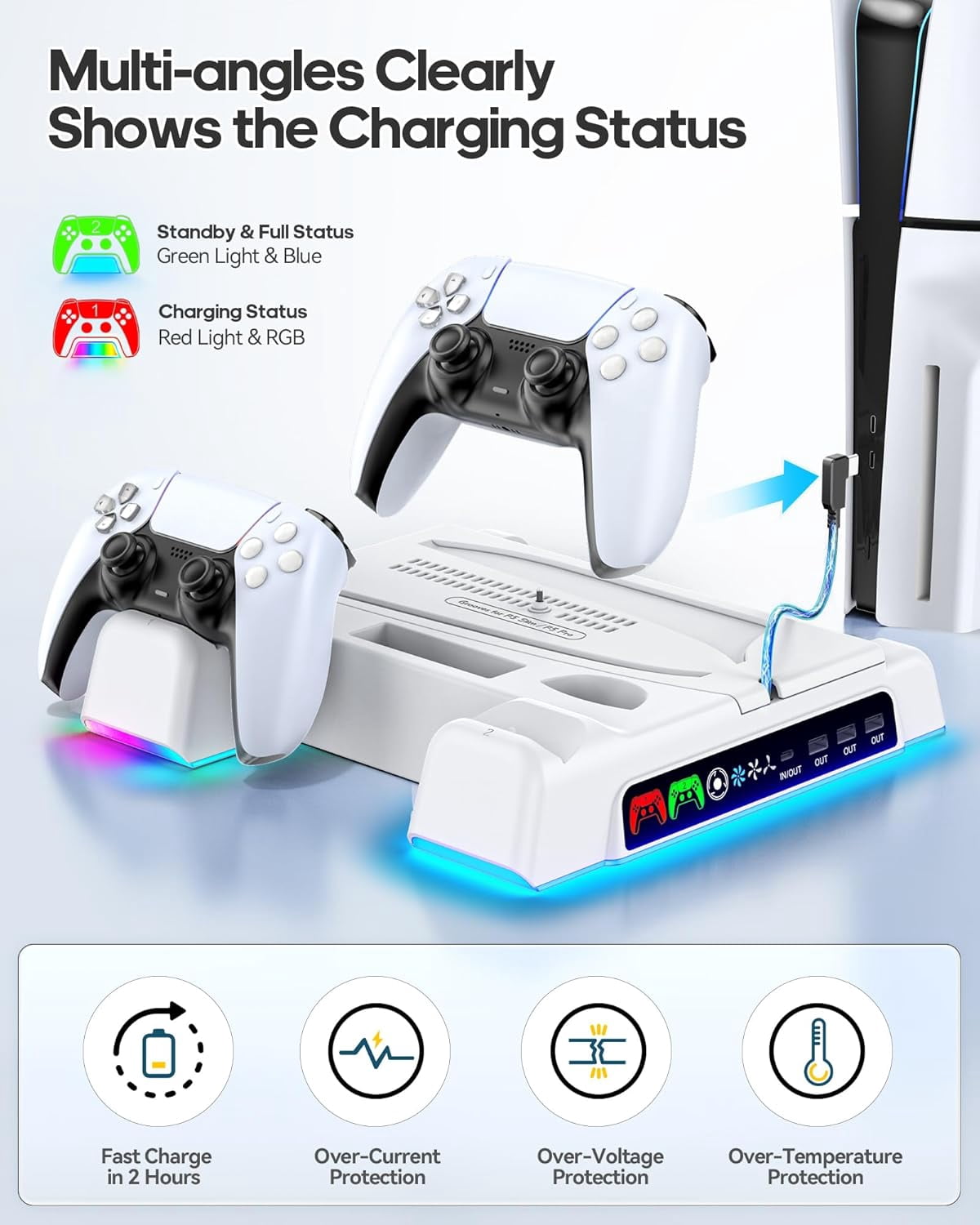 PS5/PS5 Slim/Pro Stand and Cooling Station with Controller Charging Station, PS5 Controller Charger, PlayStation 5/PS5 Slim Accessories with 3 Level Cooling Fan