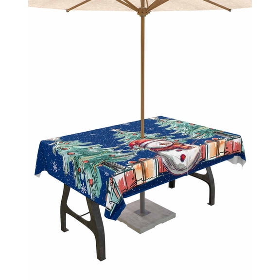 Fsddascl Blue Christmas Outdoor Tablecloth - 60x102 Inch Rectangle Dining Table Cover, Xmas Snowman Tree Snowflake Waterproof Outdoor Table Cloth with Umbrella Hole & Zipper for Picnic/Patio/Party