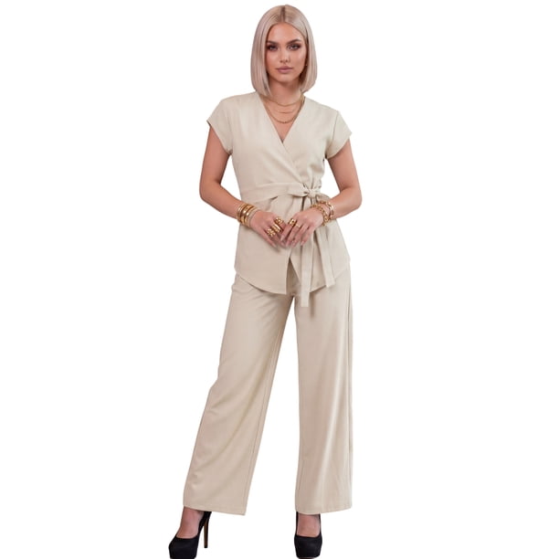 Conjunto Elegante 2 Piezas Pantalon Wide Legs Blusa Cruzada Outfit para Mujer