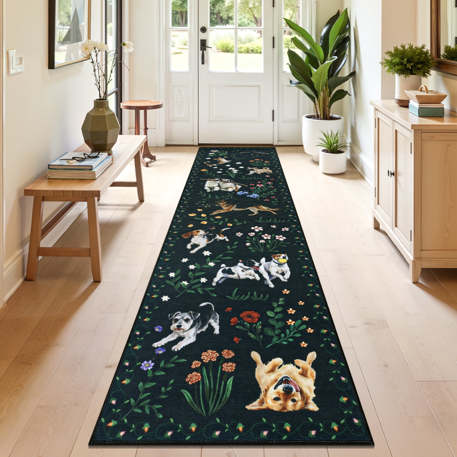 MJIAexp 2'x8' Jute Animal Dog Floral Kitchen Runner Rug,Woven Texture Machine Washable Runner Rug Non-Slip Rubberback Hallway Runner Laundry Rug Throw Carpet for Living Room Bedroom Dining Room Entry