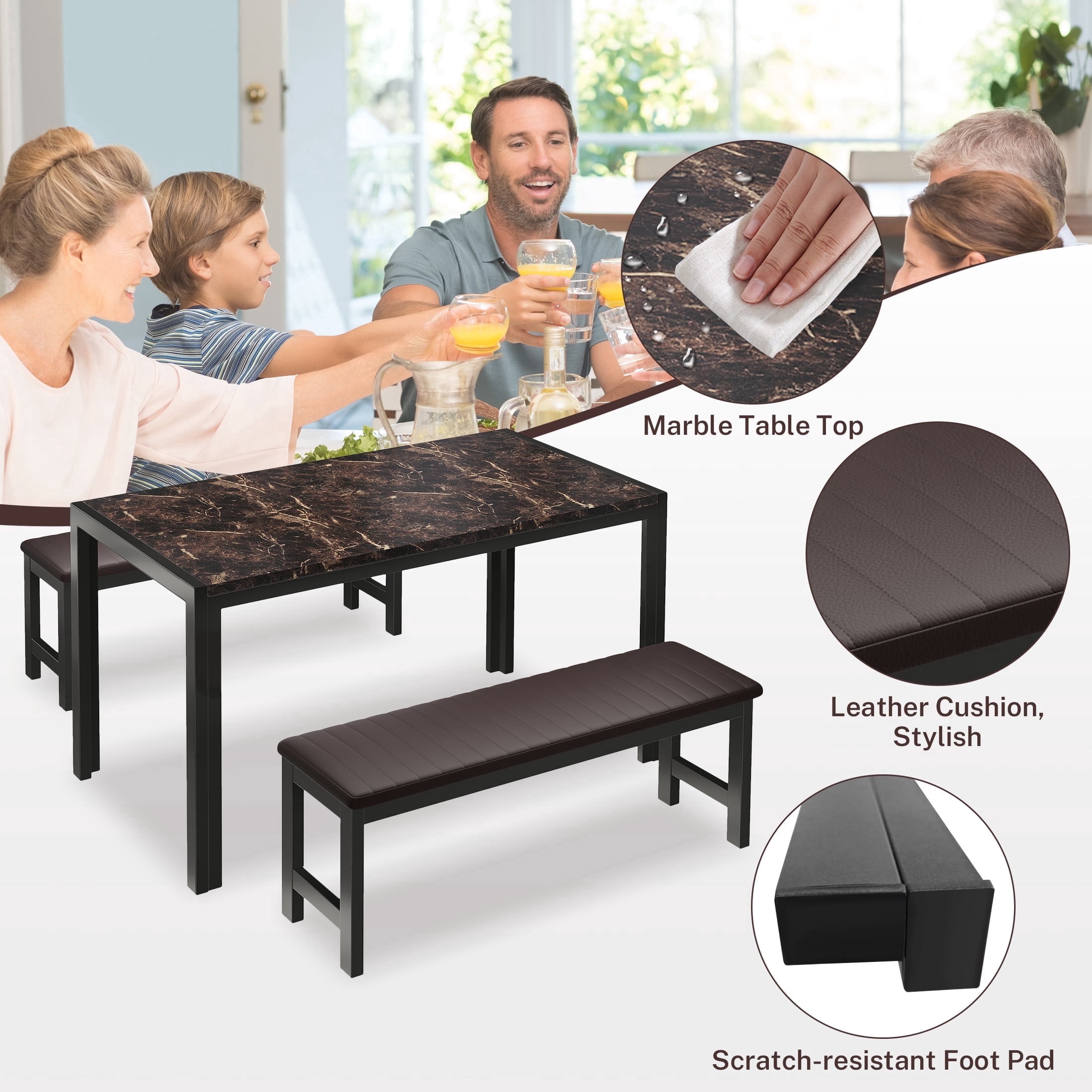 PORKISS Dining Table Set for 4, 3 Piece Kitchen Table Set with 2 PU Leather Benches, Faux Marble Dining Room Table Set, Breakfast Nook Table Set for Small Spaces, Apartment, Brown+Black