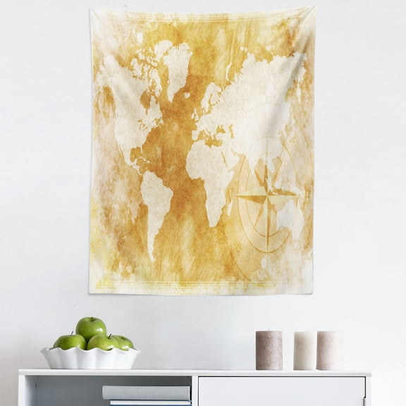 Compass Tapestry, Old-Fashioned World Map Design with Compass in Retro Distressed Colors Continents, Fabric Wall Hanging Decor for Bedroom Living Room Dorm, 5 Sizes, Cream Tan, by Ambesonne
