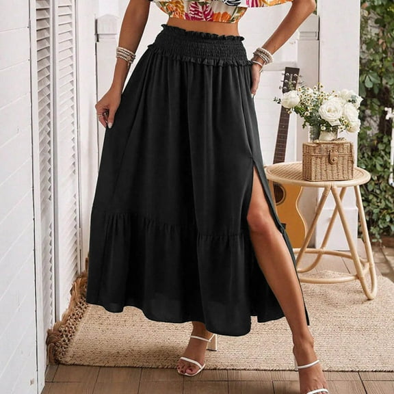 Delliss Women's Summer Solid Color Elastic Waist Skirt Side Slit Swing Skirt