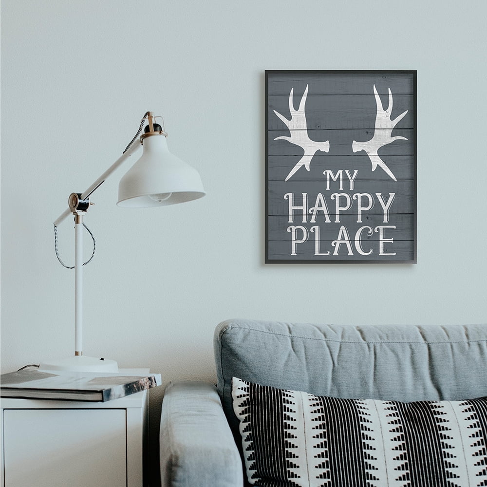 Stupell Industries Rustic My Happy Place Large Elk Antlers Black Framed by Kim Allen