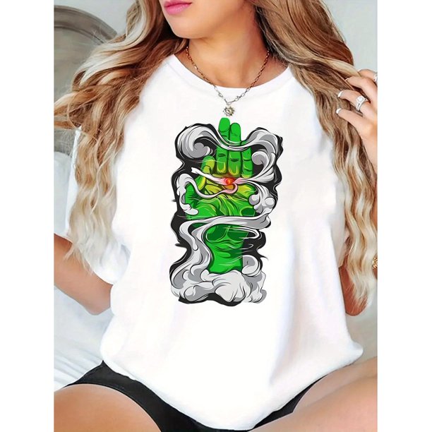 Camiseta De Mujer Verano Casual Mujer Básica Camiseta Para Deportes Callejeros PlayaCreative Smoke Green Palm Pattern Printed Women'S Trendy Round Neck Short Sleeve, Simple Casual Sports T-Shirt, Co