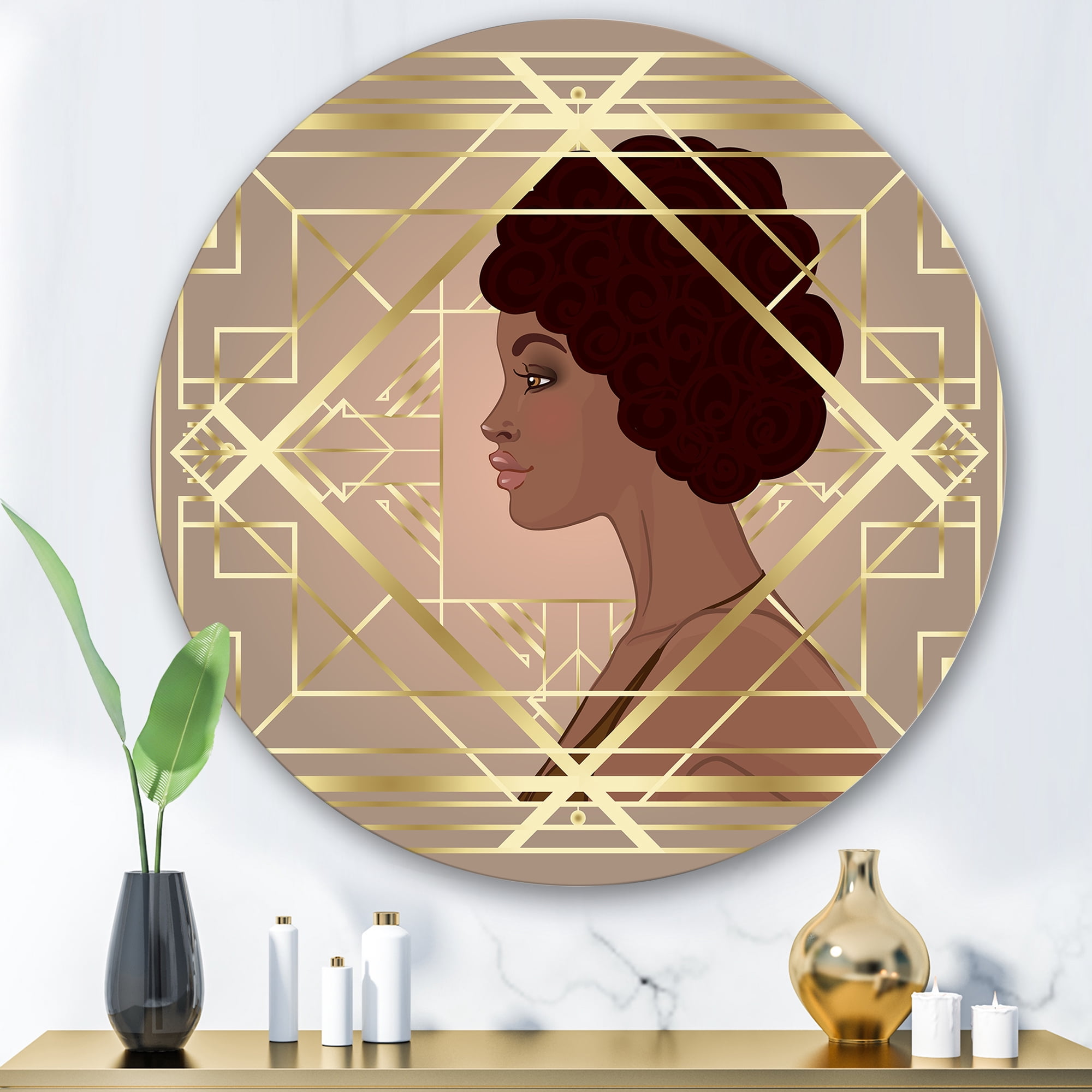 Designart 'Retro Girl In Golden Art Deco Geometrics II' Modern Circle Metal Wall Art 36x36 - Disc of 36