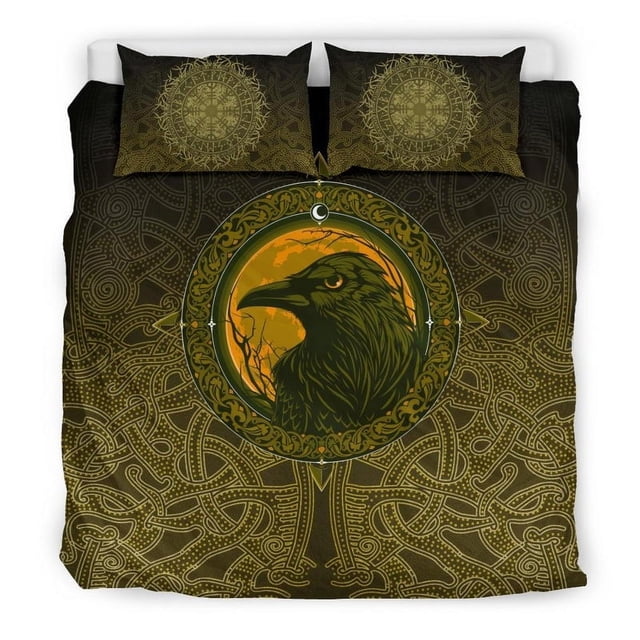 Viking Bedding Set, Ethnic Odin Raven Gold RLT12