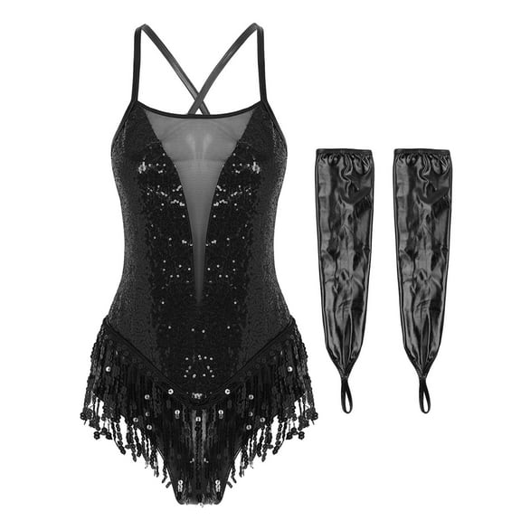 TiaoBug Womens Latin Modern Jazz Dance Costume Sparkly Sequins Fringe Leotard with Gloves Black XXL