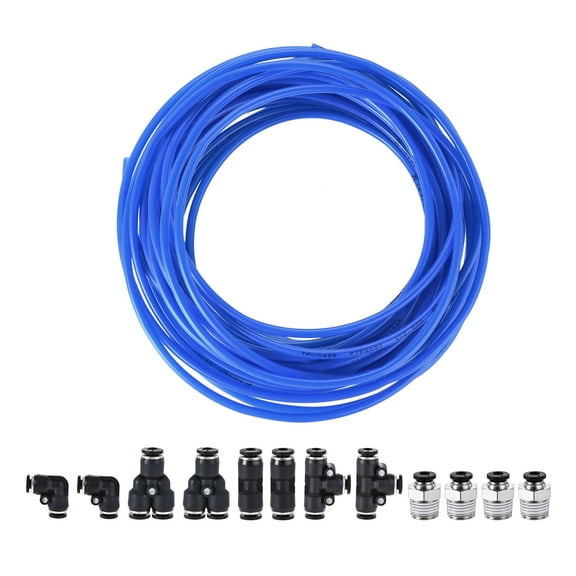 Uxcell Pneumatic 4mm OD PU Air Hose Tubing Kit 10 Meters Blue with 12 Pcs Push to Connect Fittings