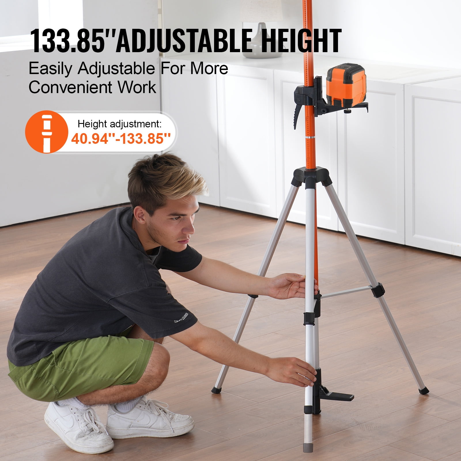 KFFKFF Adjustable Laser Level Tripod, 1/4"-20 & 5/8"-11 Thread Mount, 40.94-133.85 inch Height Range with Level Bubble & Sturdy Stand, Lightweight Aluminum Extendable Tripod for Laser Tools