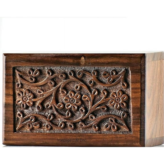 Hand Carved Wooden Cremation Urns for Human Ashes Adult, Memorial Urn Box, Keepsake for Burial/Funeral Ashes, Casket for Pet Ashes, Indian Rosewood (Small 5 x 3 x 2 Inch).