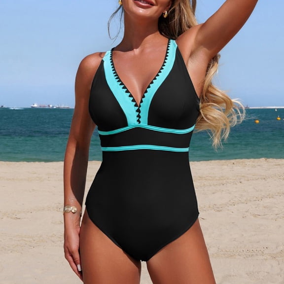 Gamivast Swimsuits for Women One Piece Swimsuits Tummy Control V-Neck Contrast Trim Built-In Bra Tummy Control Swimwear Beach Push up Bathing Suits Vacation