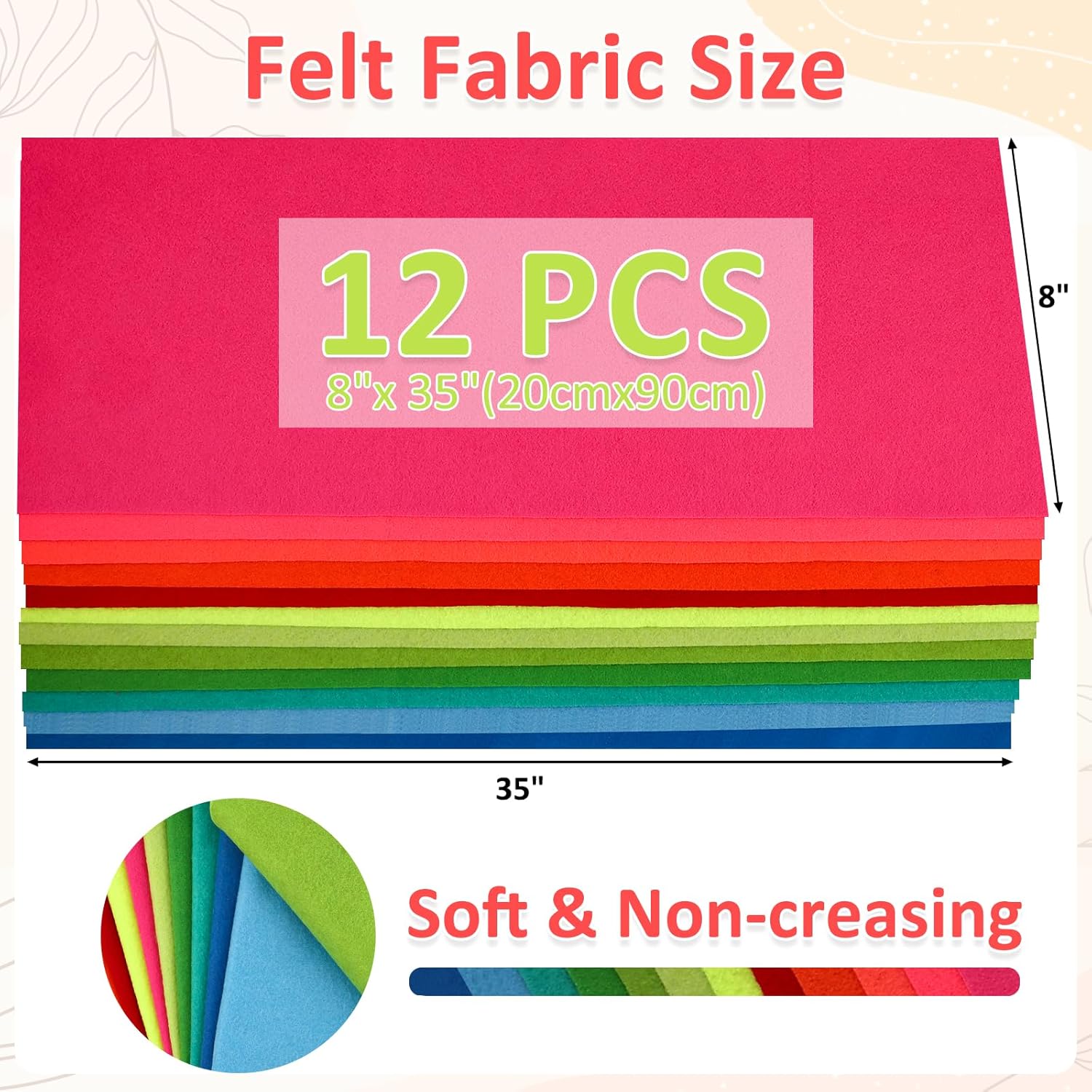 12 Rolls 8"x35"(20.5x90cm) 1.4mm Thick Soft Felt Fabric Sheet 12 Assorted Neon Series Colors Felt Pack for DIY Craft Sewing Squares Nonwoven Patchwork