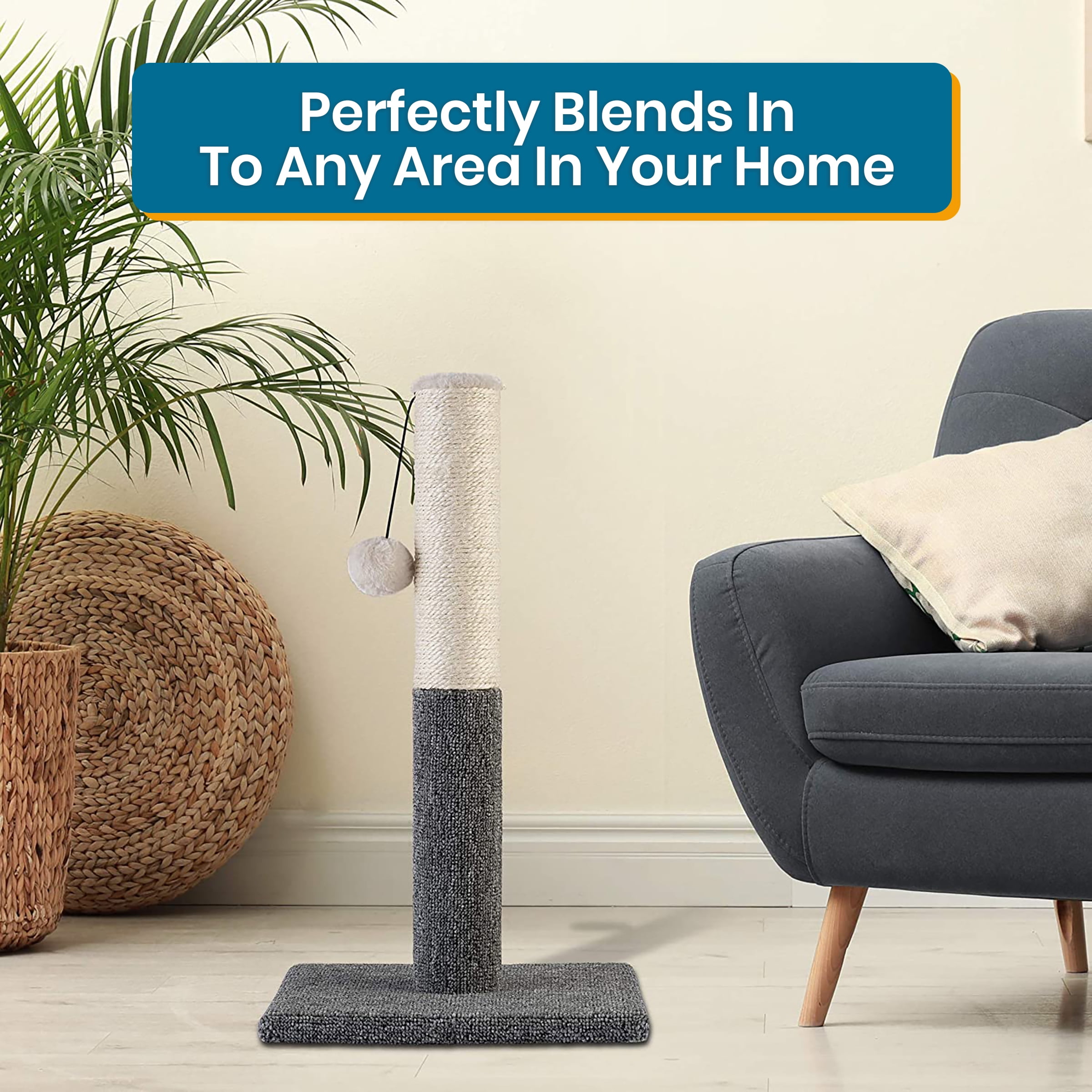 PAWBEE Cat Scratching Post with Sisal Rope & Hanging Ball Toy, 20”